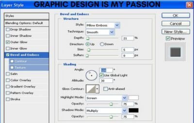 Graphic design is my passion meme: Photoshop Bevel and Emboss layer style dialog