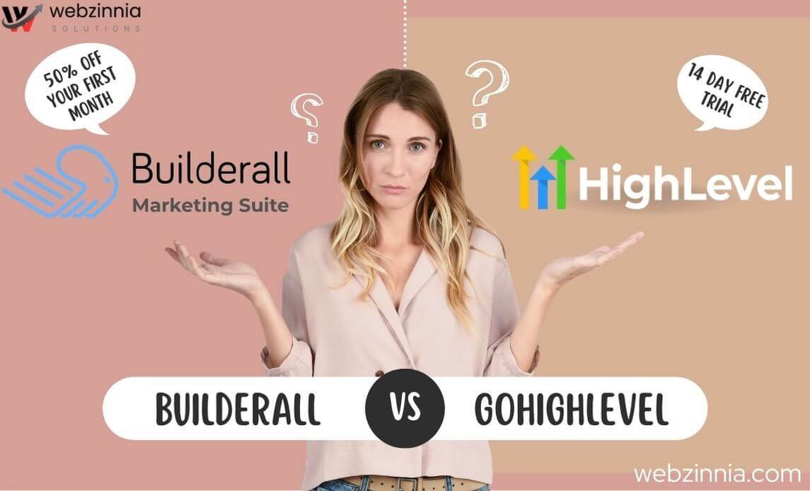Builderall vs GoHighLevel comparison banner with a woman shrugging between the two logos