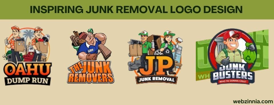 Cartoon junk removal logo examples: four mascot logos for junk removal and dump run companies