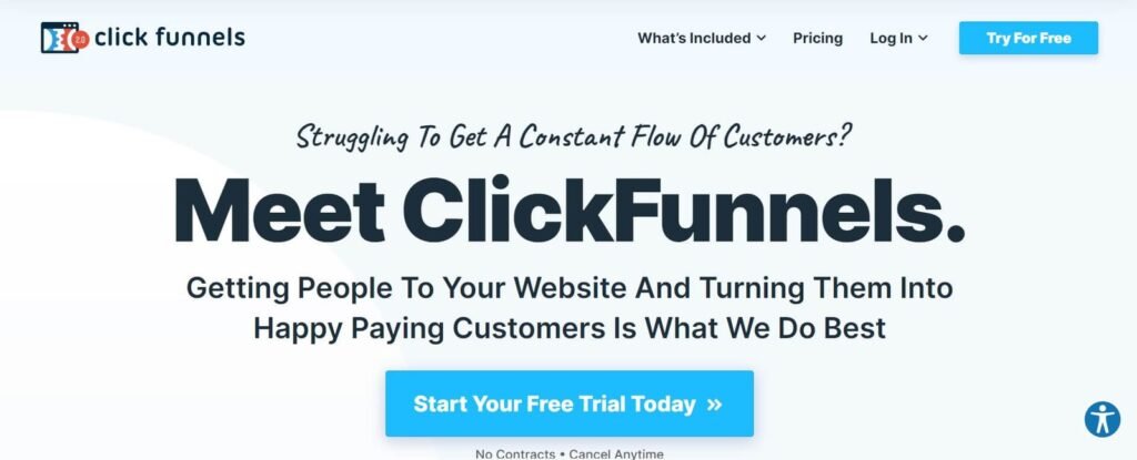 Builderall vs ClickFunnels: ClickFunnels homepage headline 'Meet ClickFunnels' with a free trial button