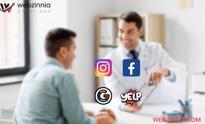 Dental marketing with patient reviews: dentist consulting a patient with Google, Yelp, Facebook and Instagram icons
