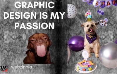 Graphic design is my passion meme: 'edgy design' with dogs, balloons and a cake on a grey texture
