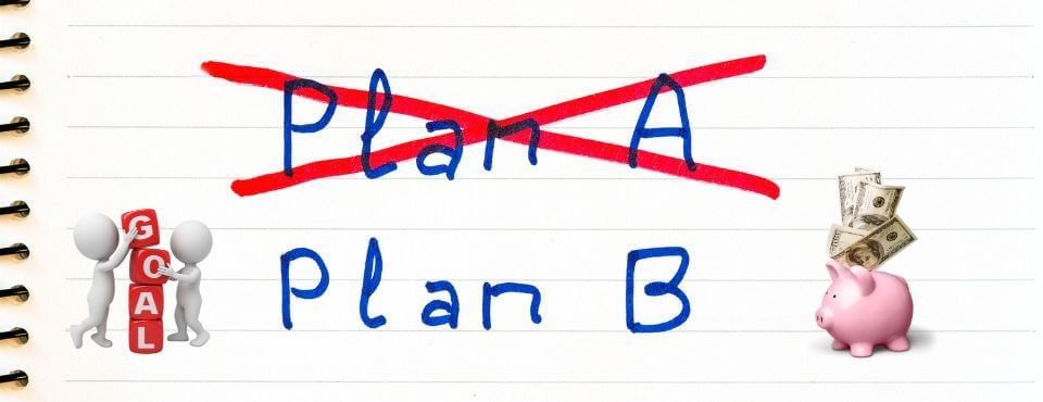 Junk hauling business plan: 'Plan A' crossed out and 'Plan B' written on notebook paper with a piggy bank
