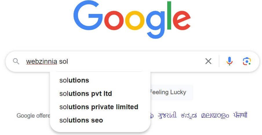 Search Google or type a URL: Google autocomplete predictions appearing as 'webzinnia sol' is typed