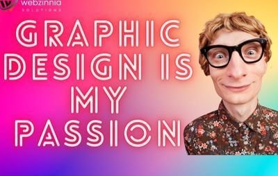 Graphic design is my passion meme: gradient gone wrong with neon text and a caricature man