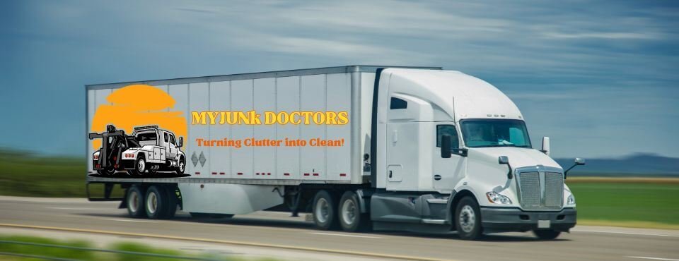 Junk removal truck branding: semi truck trailer wrapped with a junk removal company logo and slogan