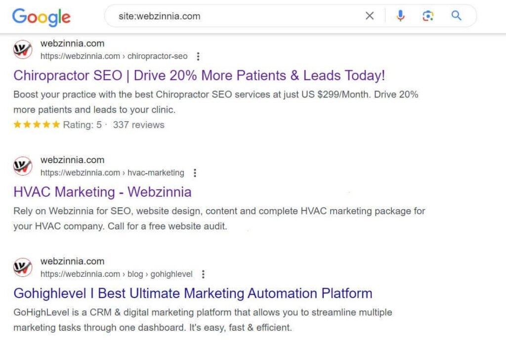Search Google or type a URL: site: search for webzinnia.com showing indexed pages in Google results