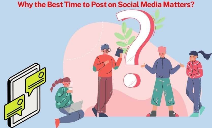 Best time to post on social media: illustration of people around a phone and a large question mark