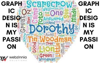 Graphic design is my passion meme: WordArt word cloud in a heart shape with broken text on both sides