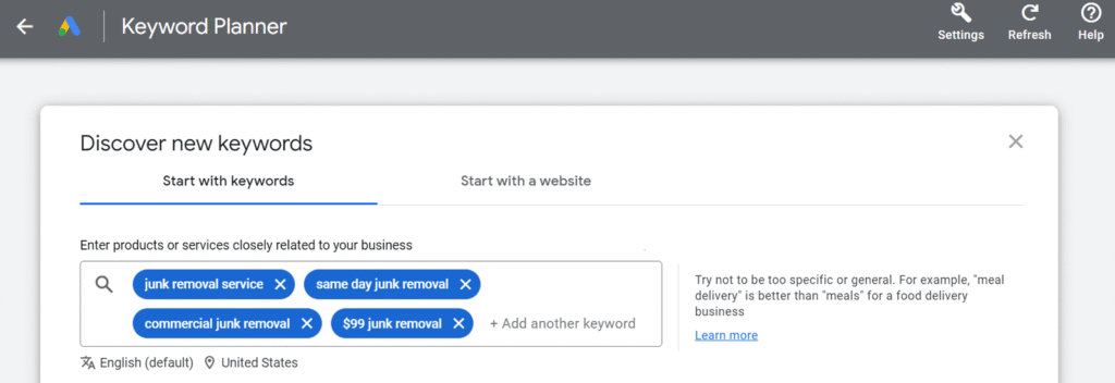 Junk removal SEO keyword research in Google Keyword Planner with junk removal service keywords entered