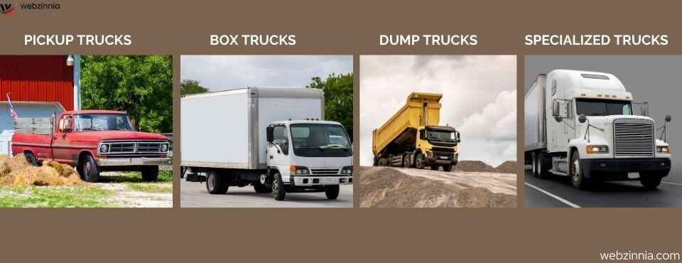 Types of junk removal truck: pickup truck, box truck, dump truck and specialized truck side by side