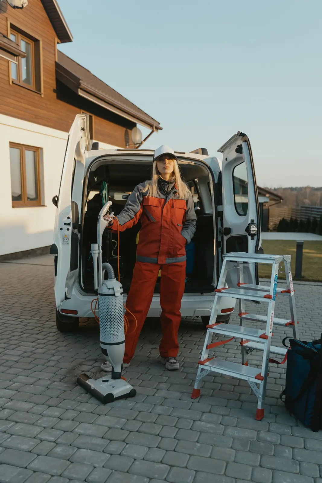 House cleaner in coveralls beside a service van with a vacuum and a step ladder Cleaning company marketing: house cleaner in coveralls beside a service van with a vacuum and a step ladder