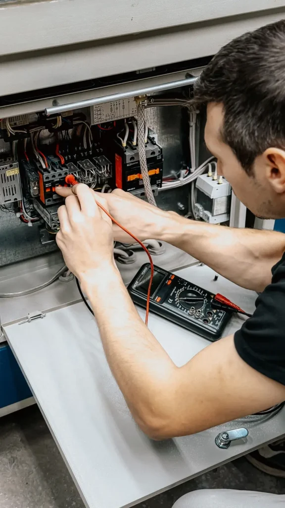 Electrician testing an open panel with a multimeter Electrician marketing: electrician testing an open panel with a multimeter