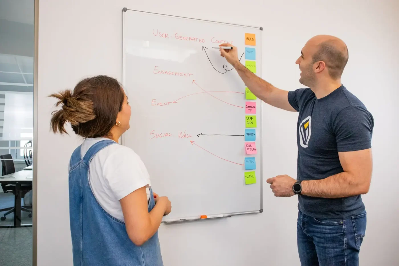 Two strategists mapping a plan on a whiteboard Digital marketing process: two strategists mapping a plan on a whiteboard